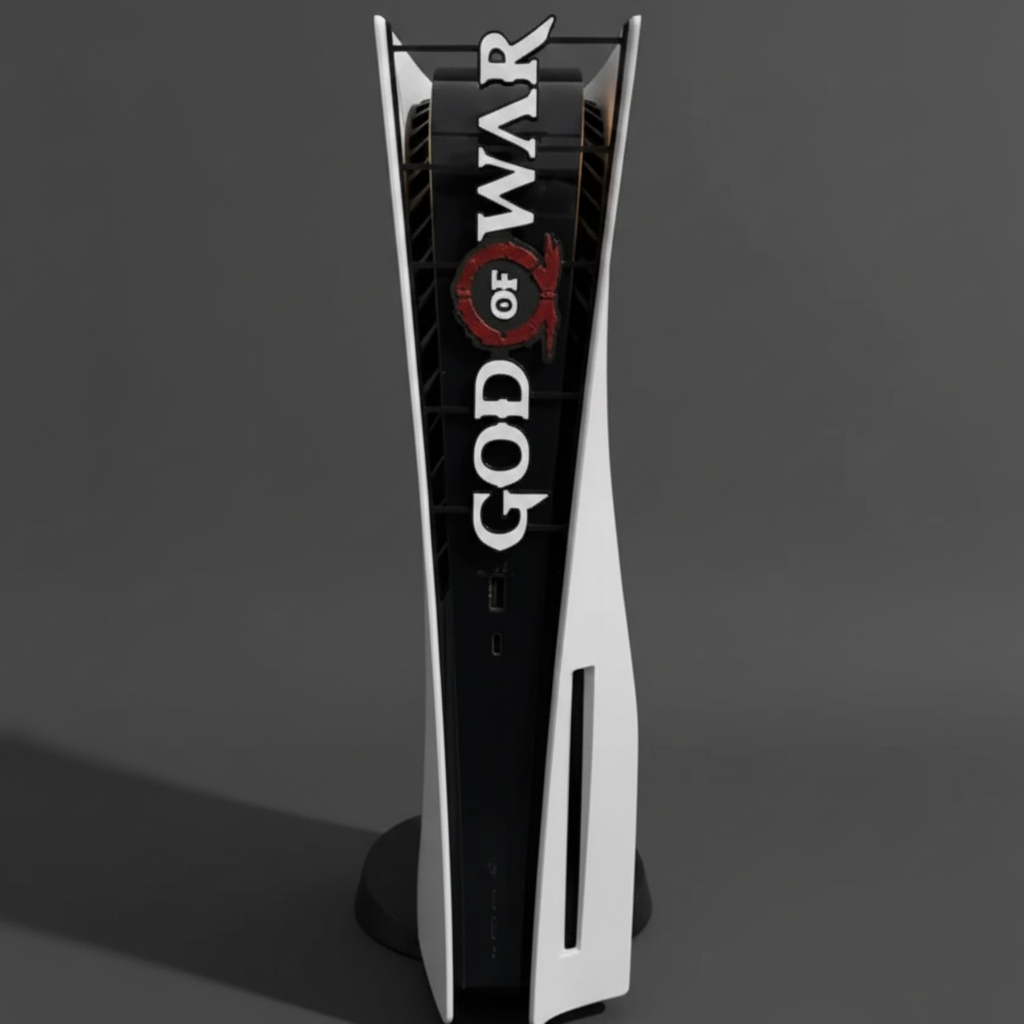 A PlayStation 5 console with a custom God of War themed wrap, standing upright on a small black base against a solid light pink background.