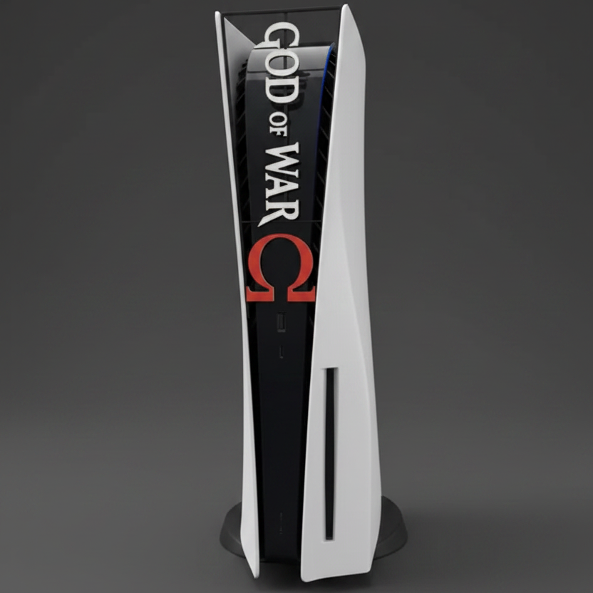 A white PlayStation 3 Slim console standing upright, partially obscuring a black God of War Omega box, against a red wall.