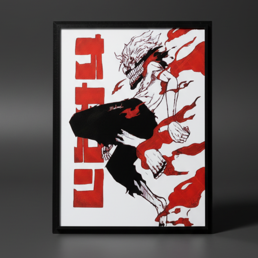 Dandadan Okarun red-flame textured wall art on a dark gray studio background