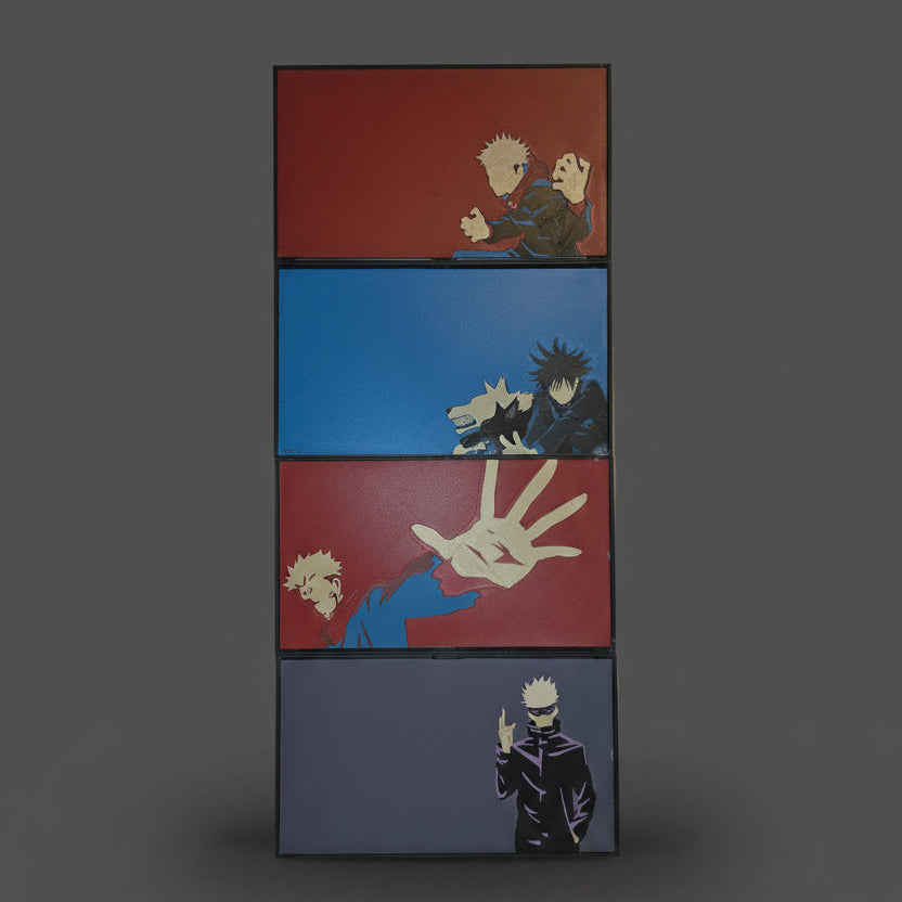 Four rectangular cards with different illustrations on a white background