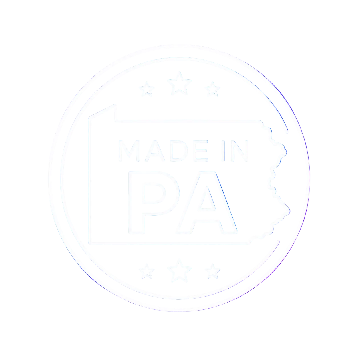 Neon sign with 'Made in PA' text inside a map of Pennsylvania on a black background