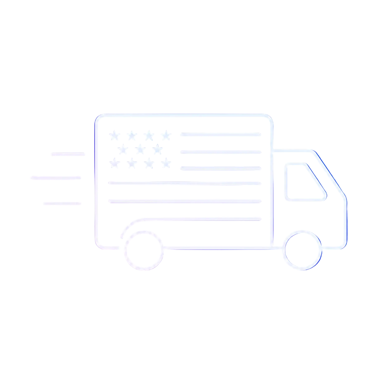 Neon blue delivery truck icon with American flag on a black background