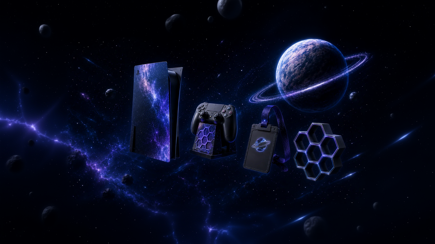 Gaming console and controller with space-themed design on a cosmic background