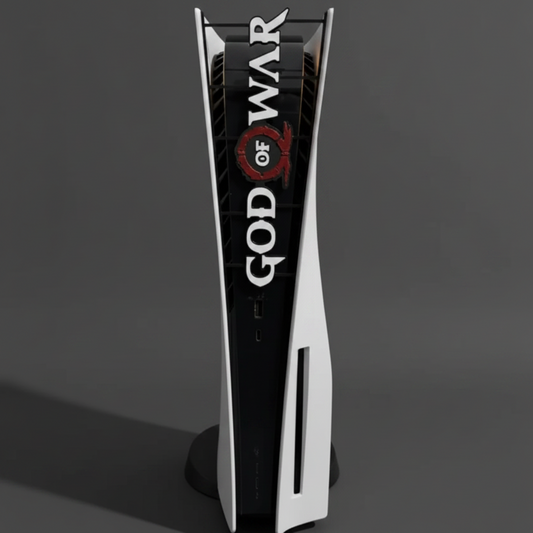 A PlayStation 5 console with a custom God of War themed wrap, standing upright on a small black base against a solid light pink background.