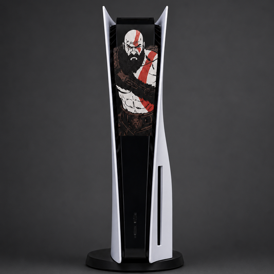 A PlayStation 5 console in a custom Kratos skin, standing vertically on a black circular display stand against a dark gray studio background.