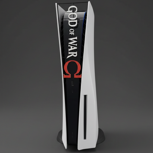 A white PlayStation 3 Slim console standing upright, partially obscuring a black God of War Omega box, against a red wall.