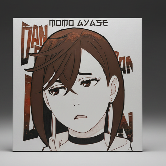 Dandadan Momo Ayase textured wall art on a dark gray studio background
