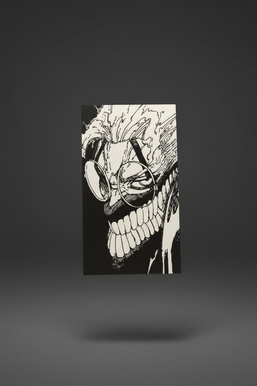 Black-and-white Dandadan manga-panel textured wall art on a dark gray studio background