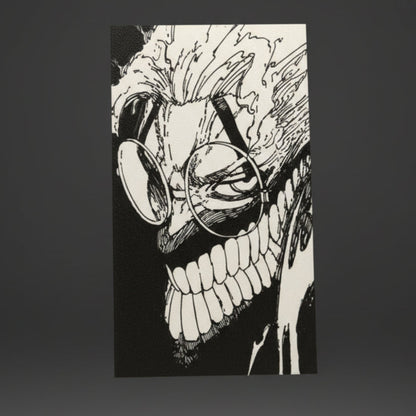 Black-and-white Dandadan manga-panel textured wall art on a dark gray studio background