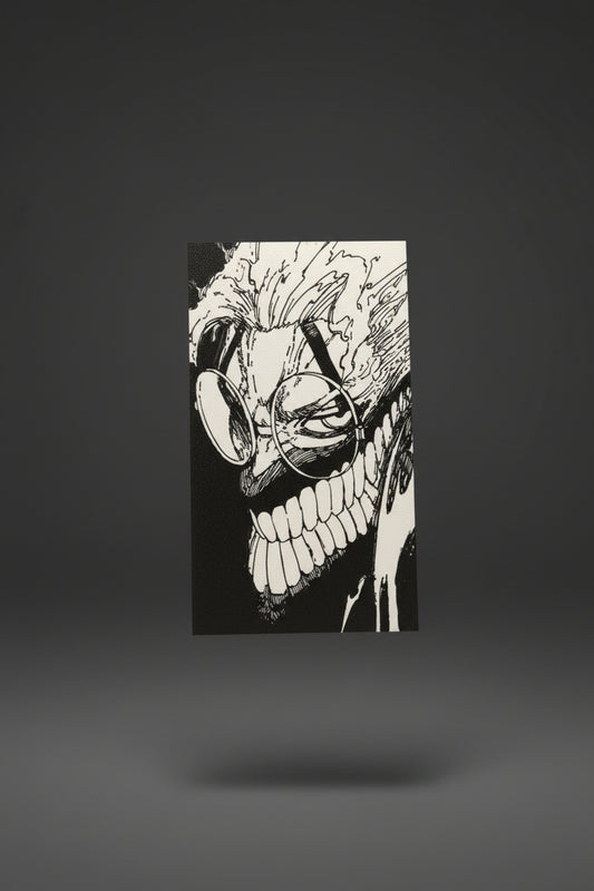 Black-and-white Dandadan manga-panel textured wall art on a dark gray studio background