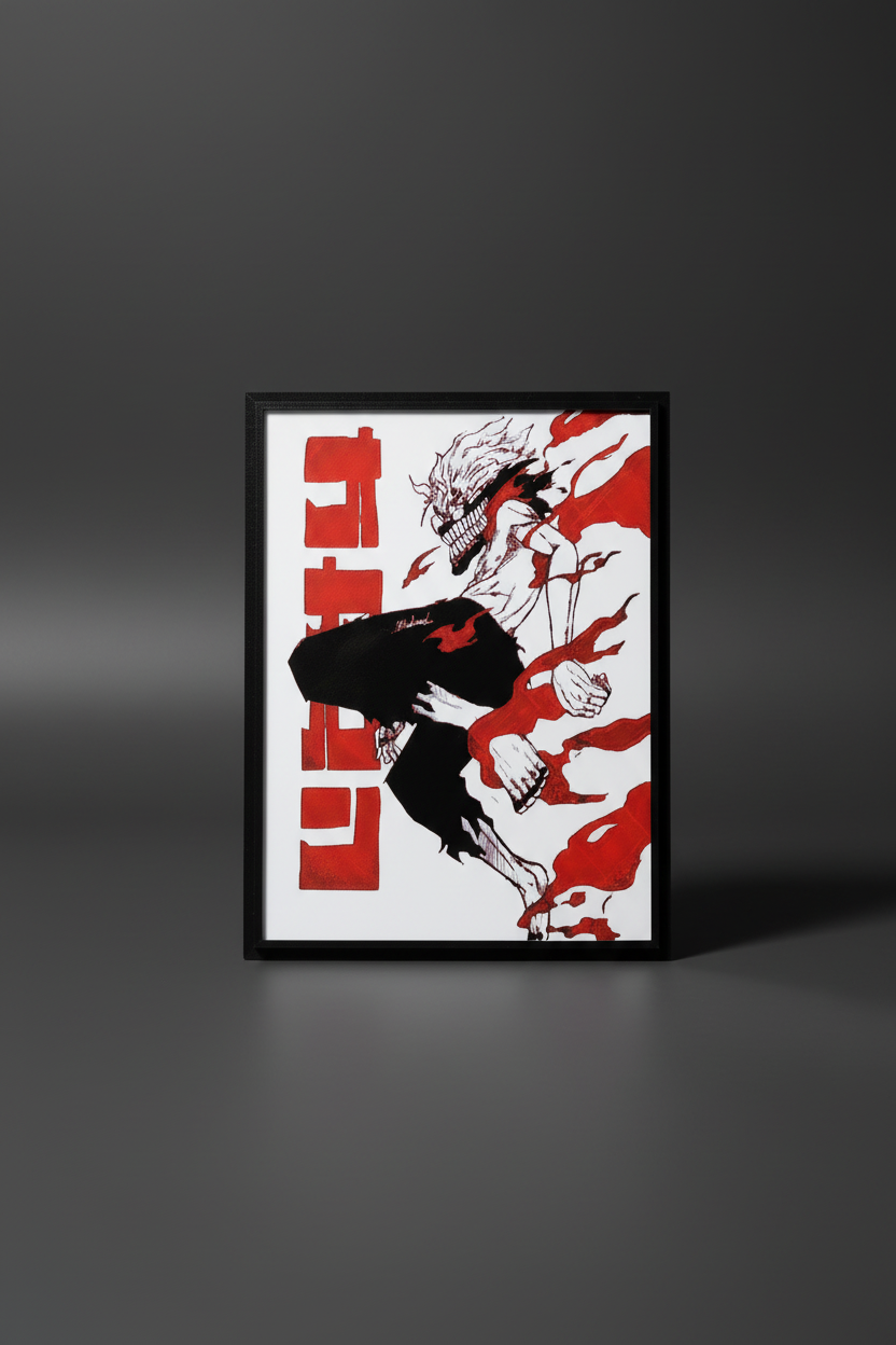 Dandadan Okarun red-flame textured wall art on a dark gray studio background