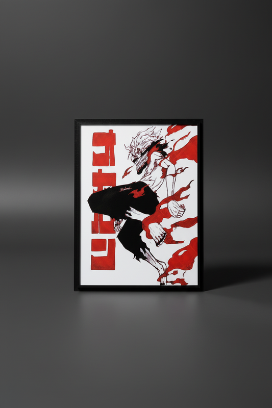 Dandadan Okarun red-flame textured wall art on a dark gray studio background