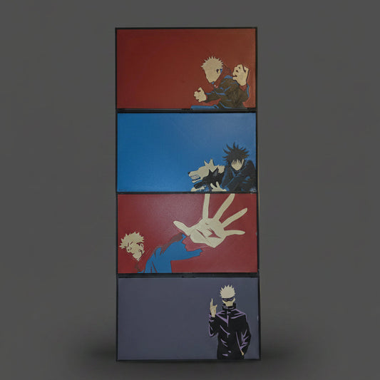 Four rectangular cards with different illustrations on a white background