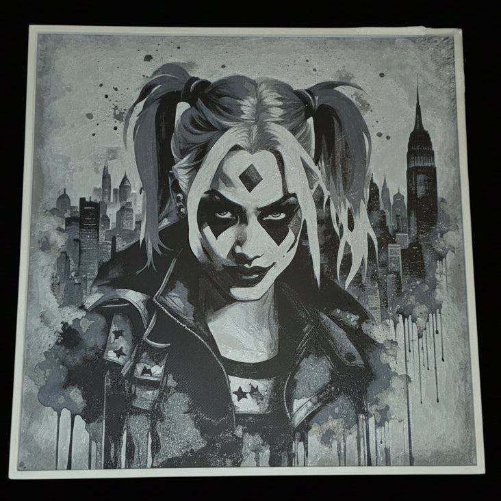 Black and white illustration of a character with a cityscape background on a white surface